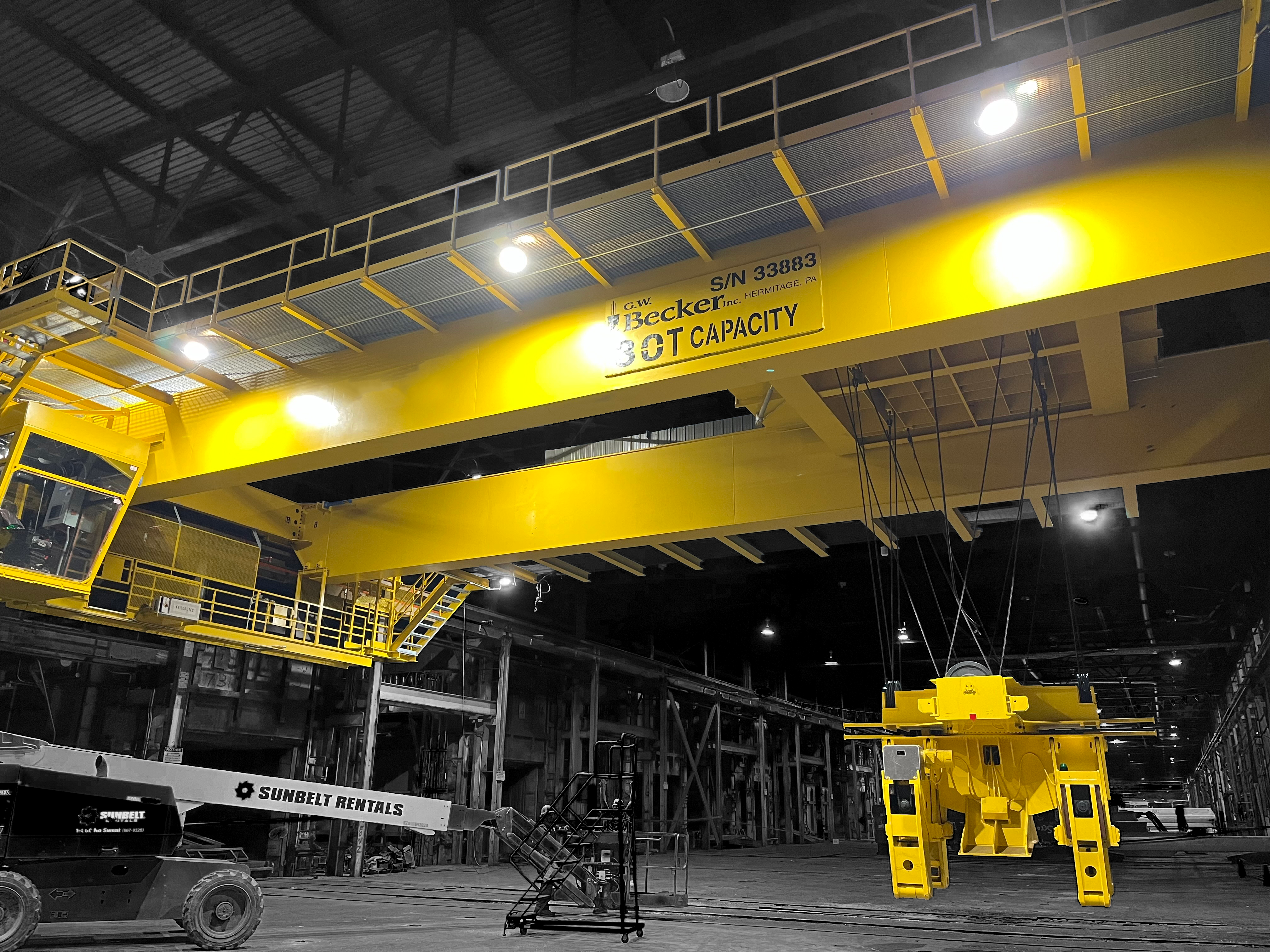 30-ton, 3-motion, Class 'F' continuous severe service, top-running double girder bridge crane